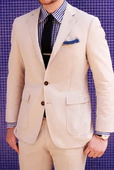 

2018 New Custom Made Khaki Linen Mens Suits For Beach Wedding Casual Man Suit Groom Tuxedos Groomsman Wear(Jacket+Pants)terno