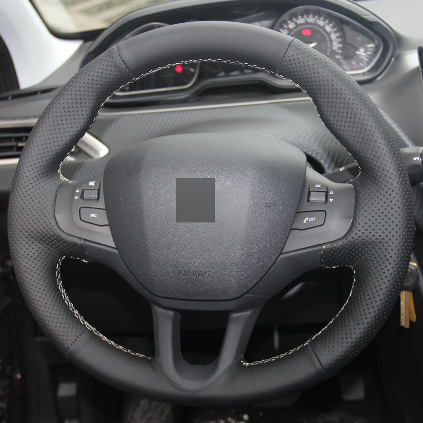 Hot Black Leather Hand stitched Car Steering Wheel Cover for Peugeot