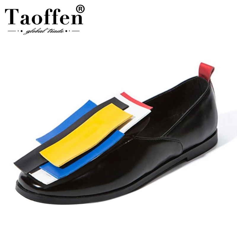 

TAOFFEN Size 32-43 Autumn Women Flats Shoes Oxfords Patent Leather Slip On Square Toe Flats Casual Mixed color Shoes Women