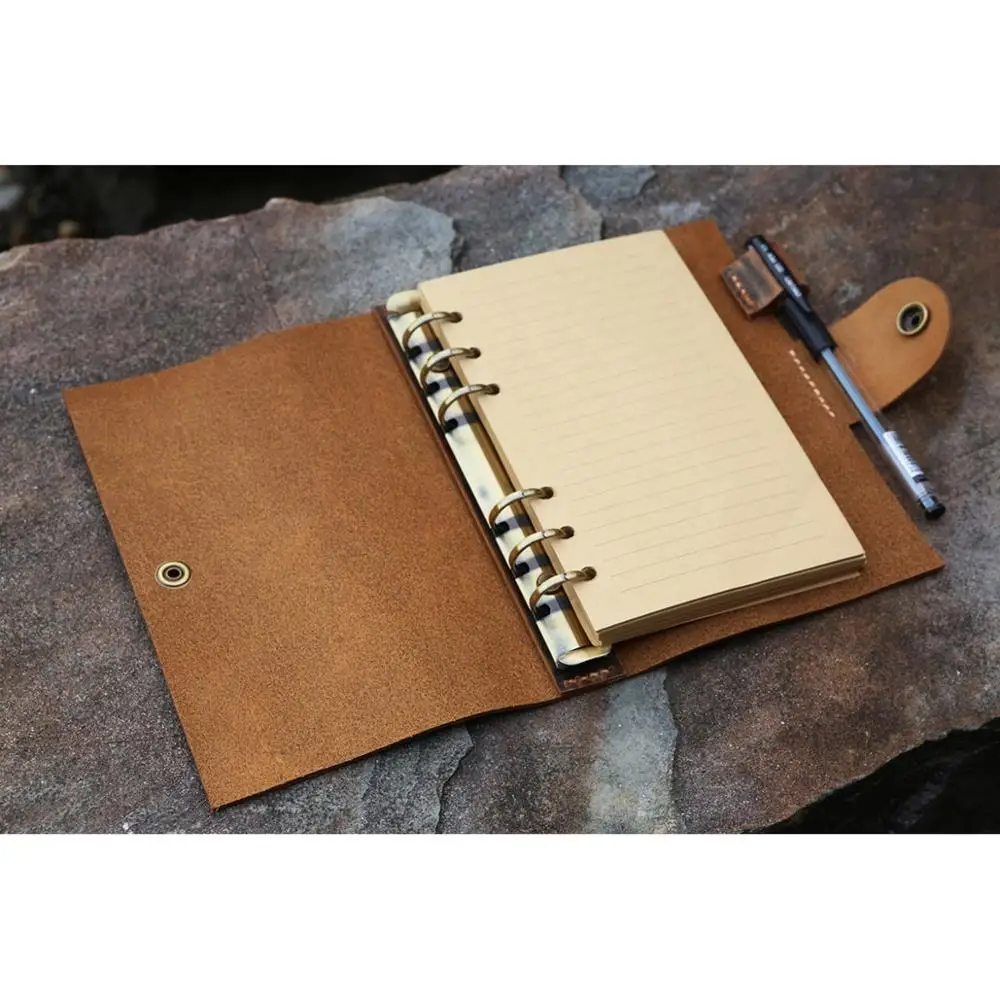 Personalized refillable 6 ring rustic leather A6 journal cover with pen holder 