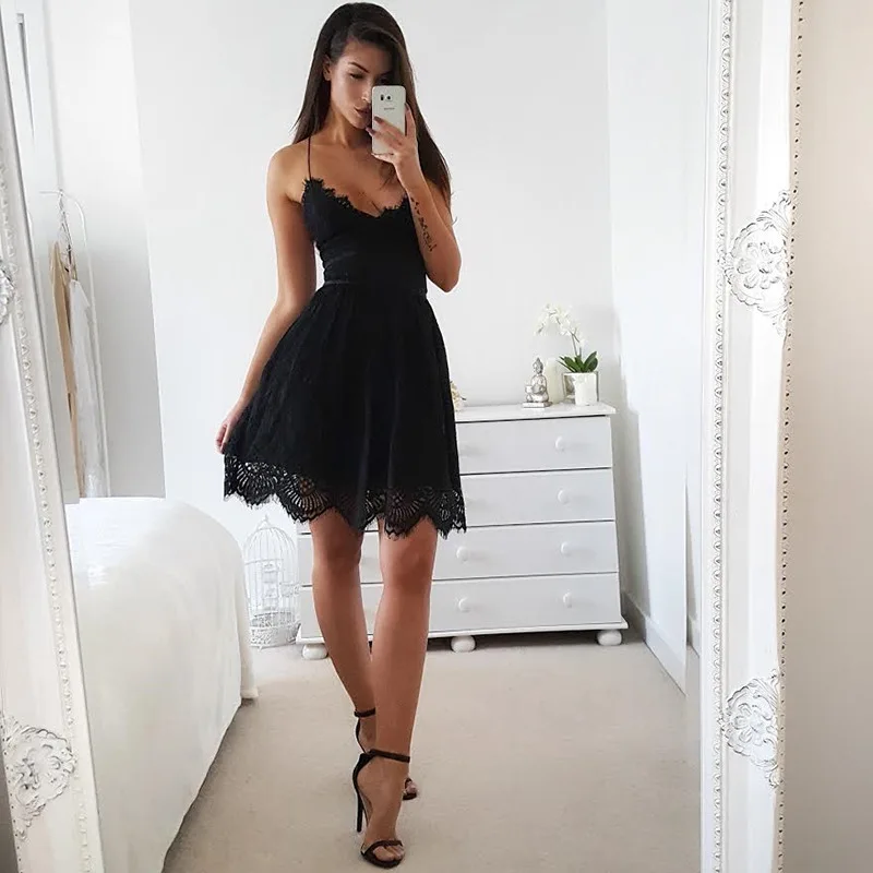 

Backless Spaghetti Strap Sexy Lace Dress Women Sleeveless V-Neck Loose Summer Dress Cotton Black Elegant Party Dresses