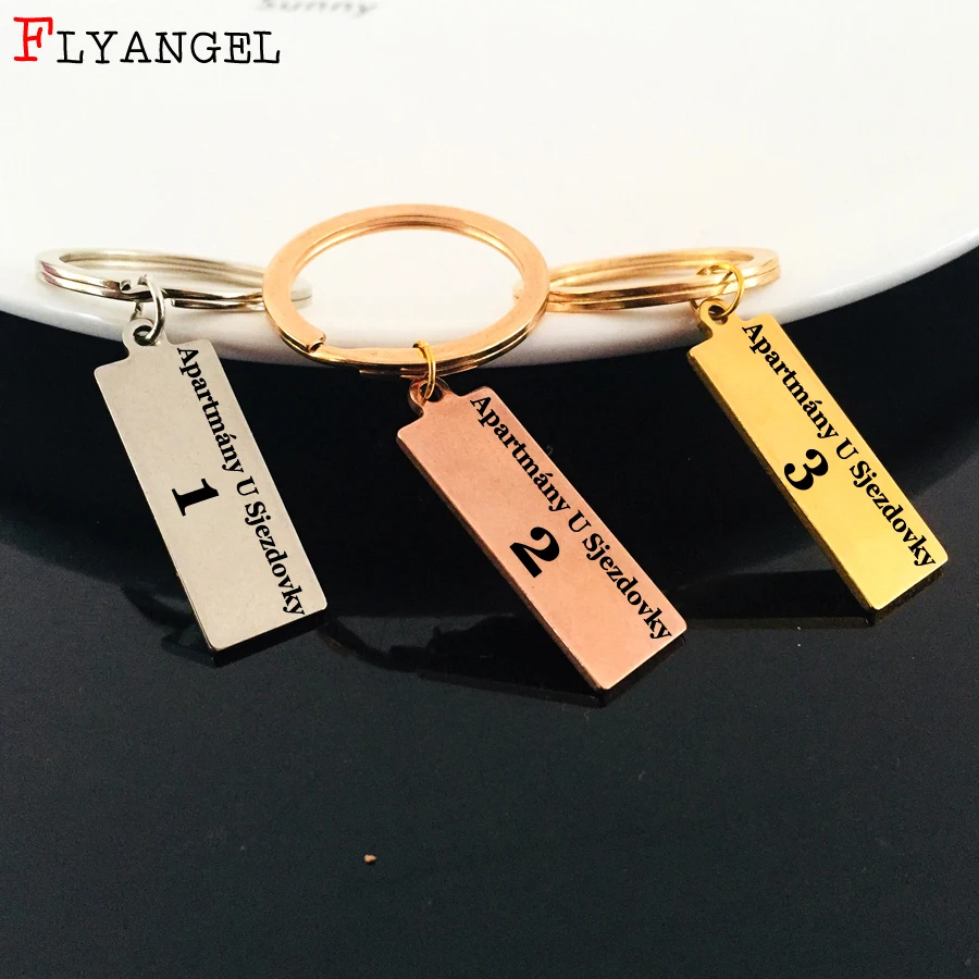 

2018 Fashion Metal Jewelry Custom Engraved Hotel Name, Room number Keychain For Women Men Stainless Steel Keyring Gift