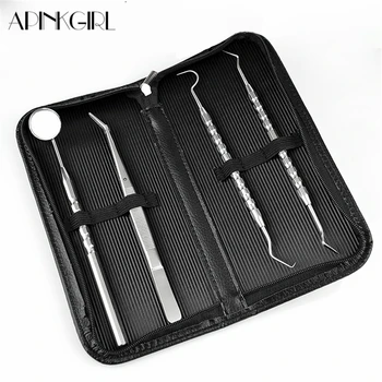 

APINKGIRL 4Pcs/Set Stainless Steel Dental Tool Dentist Teeth Clean Oral Hygiene Explorer Probe Hook Pick Scaler Mirror Tweezers