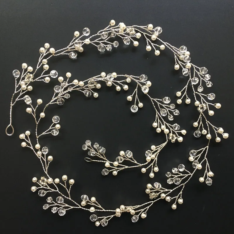 

SLBRIDAL Handmade Long Wired Rhinestone Crystals Pearls Wedding Hairband Headband Bridal Headpiece Hair accessories Bridesmaids
