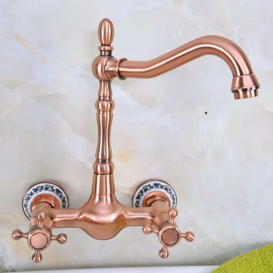 Antique Red Copper Brass Wall Mounted Bathroom Kitchen Sink Faucet Swivel Spout Mixer Tap Double Cross Handles Levers anf943