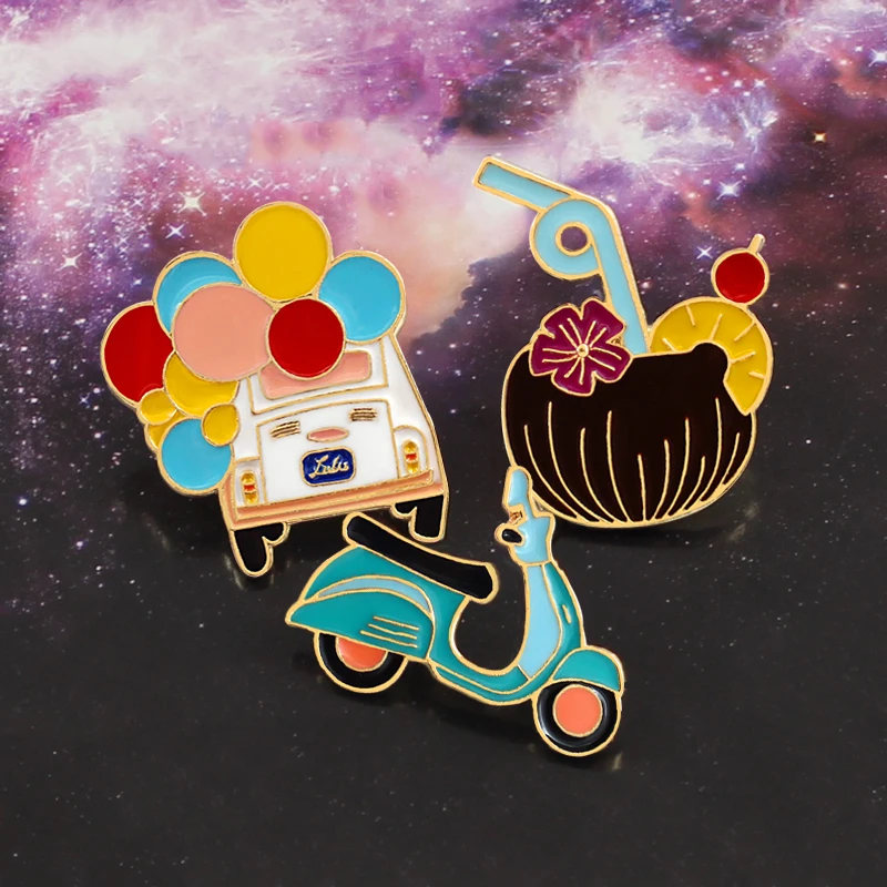 Kartun Lucu Bros Balon Bus Motor Jus Bunga Minuman Enamel Pin