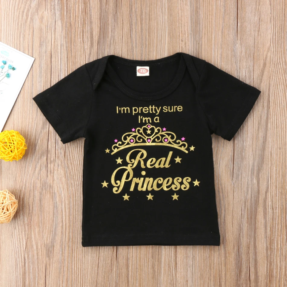 Черные блестящие буквы принцессы для новорожденных девочек, футболка из хлопка, футболка для маленьких мальчиков и девочек
