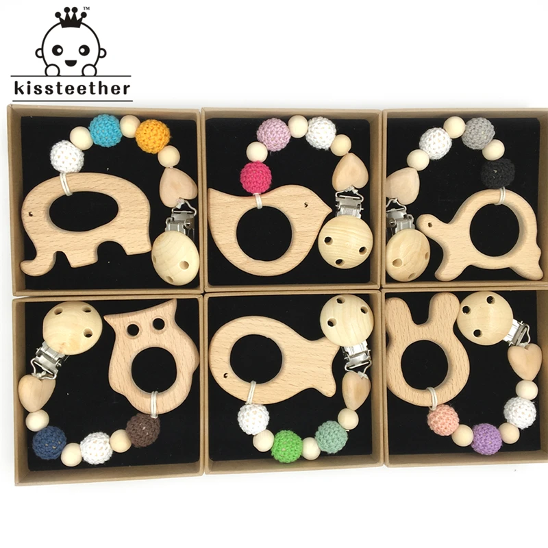 Baby Teether Pacifier Clip Wooden Animal Pendant Nature Wooden Teether