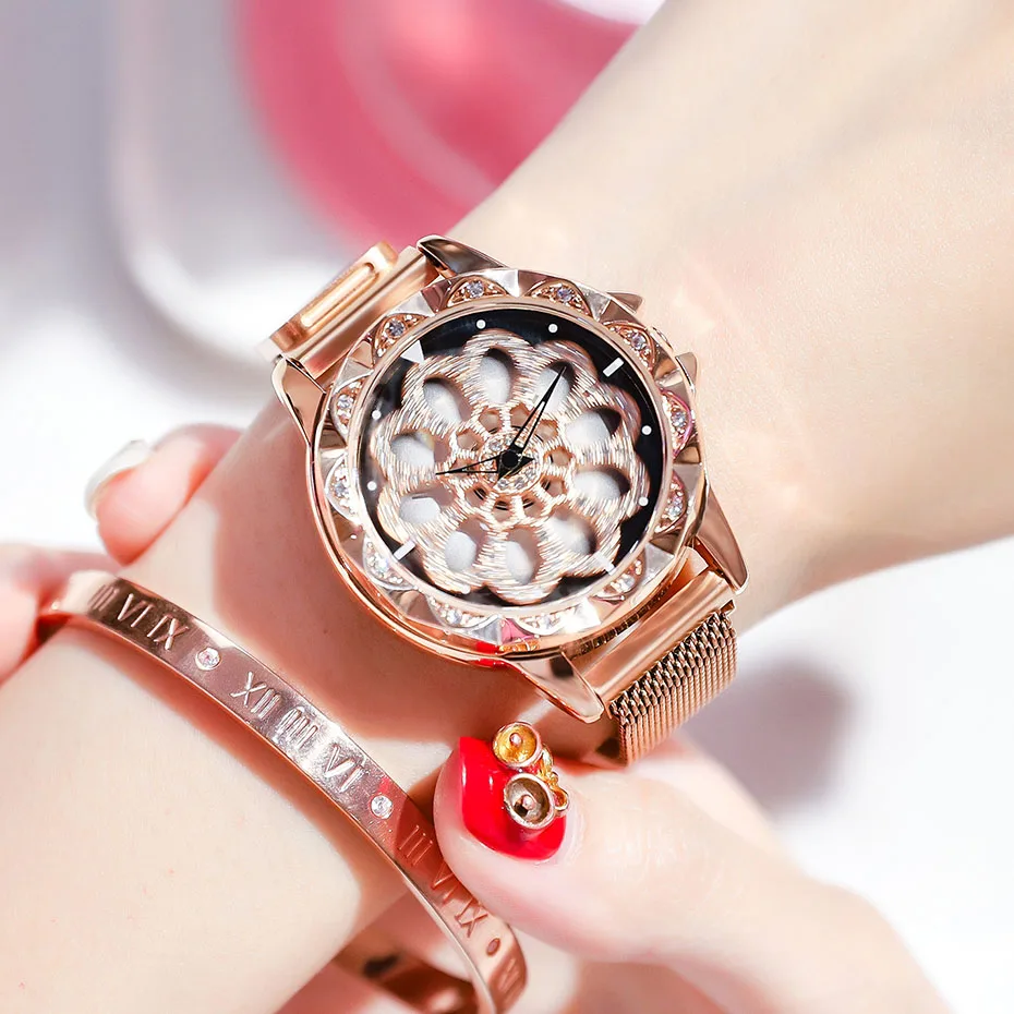 Fashion Women Watch Luxury Ladies Mesh Band Quartz New Design Rotating Dial Wrist Watches Relojes Mujer 2019 NAKZEN Female Clock