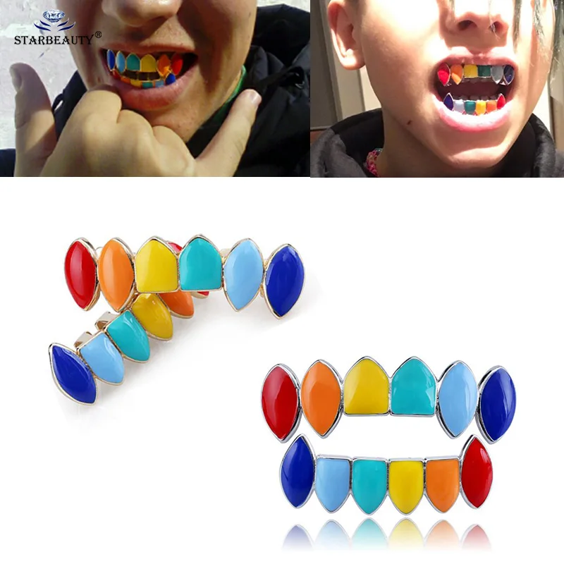 1 набор разноцветных зубных гриллей смешанный дизайн поддельные зубные грилли хип-хоп крутые Мужские украшения для тела США рэп рот шапки Прямая
