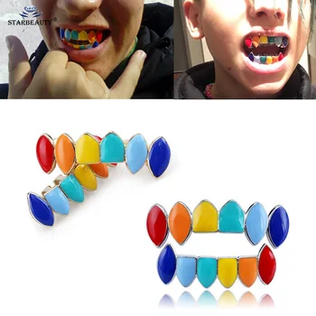 

1Set Colorful Teeth Grillz Set Mixed Design Fake Tooth Grillz Hip-hop Cool Men Body Jewelry US Rap Mouth Caps Drop Shipping