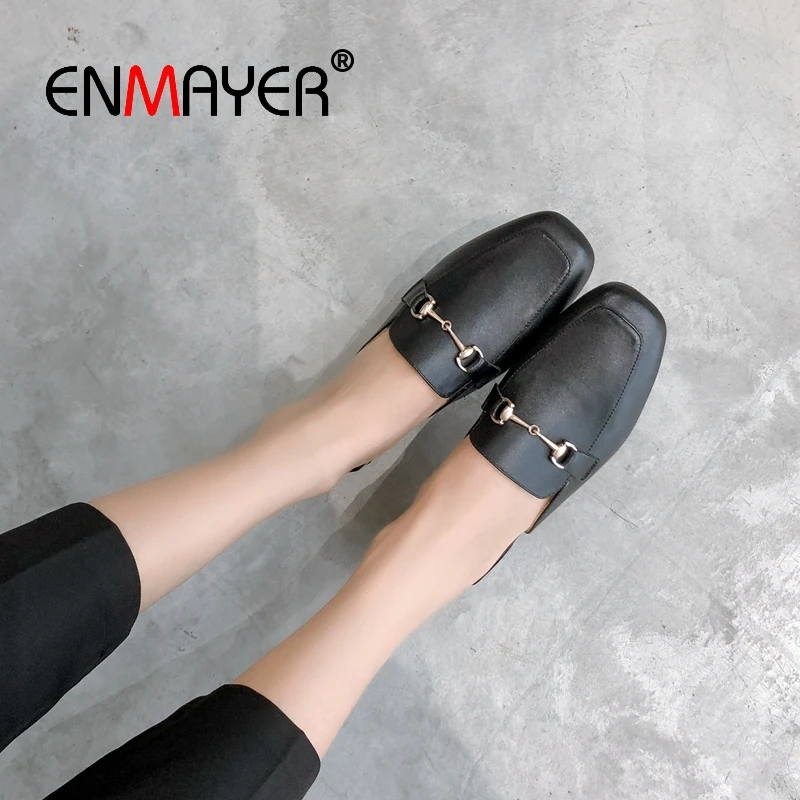 

ENMAYER 2019 Genuine Leather Women Low Heel Slippers Solid Spring/Autumn Outside Womans Shoes Size 34-40 LY1895
