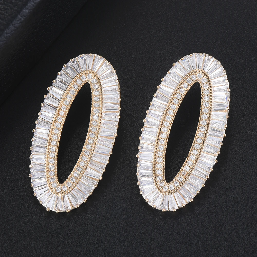 

20*39 mm Fashion Oval Shape Big Stud Earrings Full Cubic Zirconia Inlaid Fashion Jewelry Statement For Women Daily Wearing