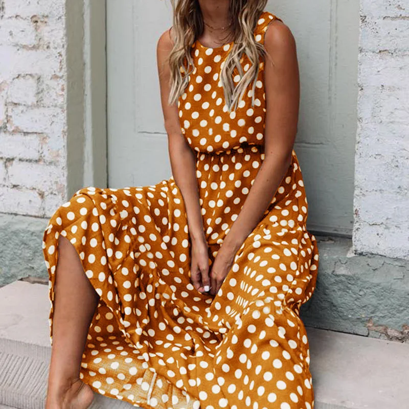 

Women Polka Dot Dress Sleeveless Round Neck Slim Fit Long Dress for Summer IK88