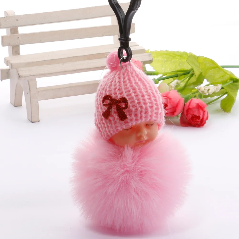 Брелок для ключей, Спящая кукла, брелок с цветочным помпоном, кроличьим мехом, брелок для ключей, пушистый автомобильный брелок, брелок для ключей porte clef Bag, брелок для ключей - Цвет: Розовый
