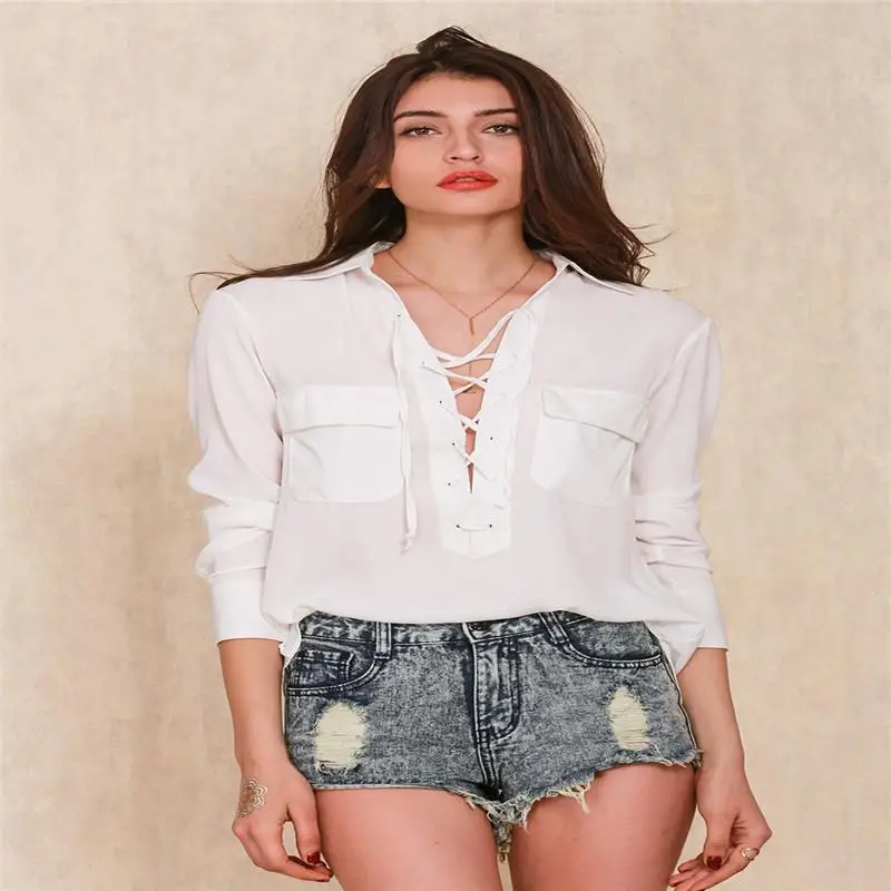 New 2016 Sexy V Neck Lace Up White Chiffon Blouse Shirt Women Tops Chic