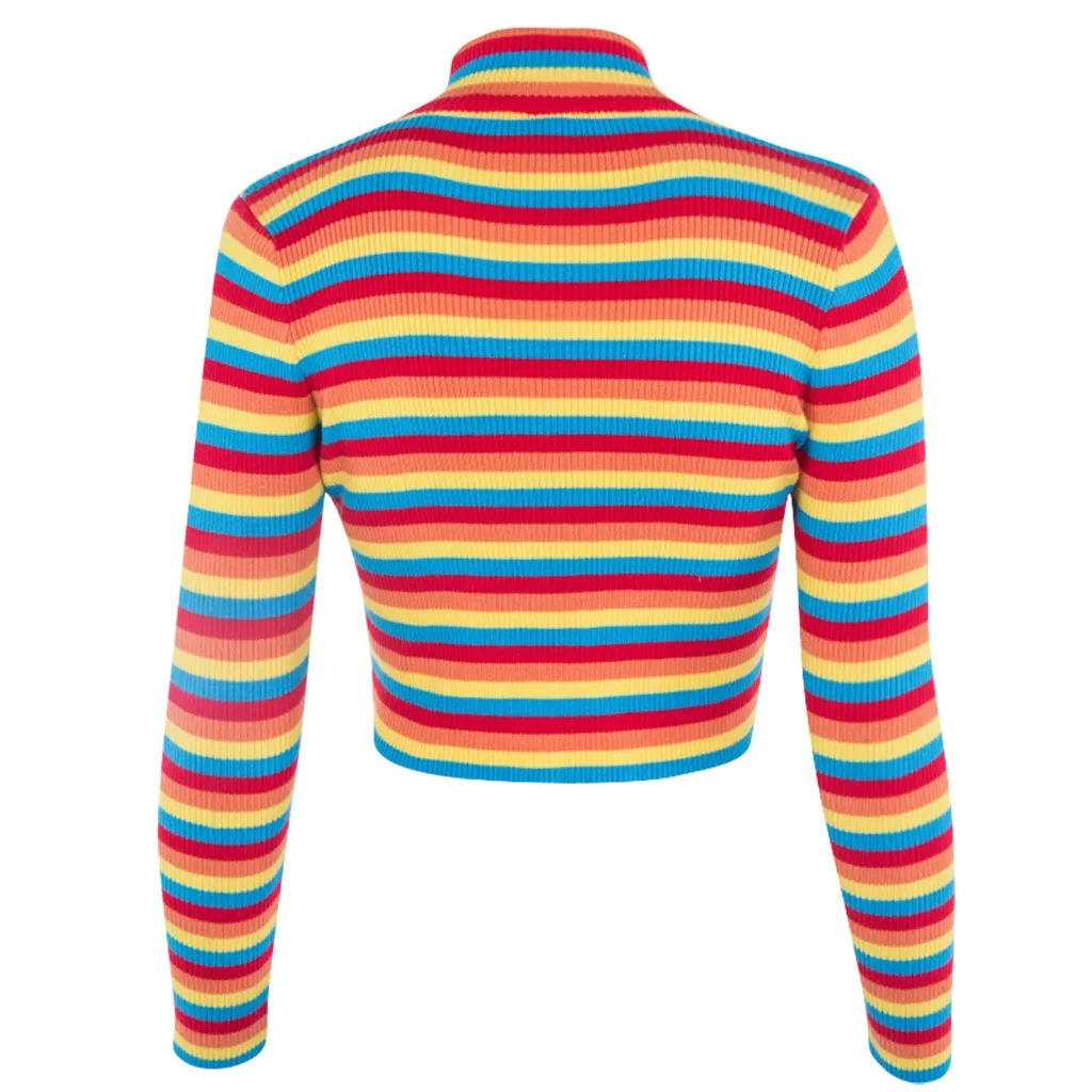 Осенняя Женская Полосатая Рубашка с воротником радужного цвета женская модная повседневная полосатая длинная короткая куртка футболка 40