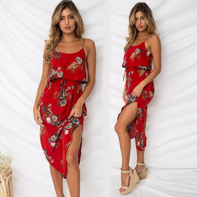 

Women Dress 2019 Summer floral Printed Spaghetti Strap dresses chiffon sexy office lady dresses S-XL