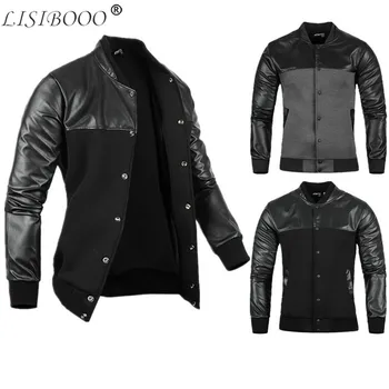 

Fashion Casual Mens England Jacket Stand Collar PU Leather Jacket Stitching Slim Fit Black Pu Leather Sleeve Bomber Men Jacket