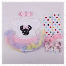 Комплект из 4 предметов, детский кружевной комбинезон, Радужное платье-пачка с рисунком для маленьких девочек повязка на голову, обувь, леггинсы для детей от 0 до 12 месяцев
