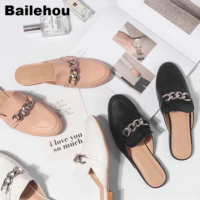 Bailehou Women Flat Slippers Slip On Mules Women Casual Loafers Brand Chain British Shoes Platform Sandals Chaussure Big Size 41