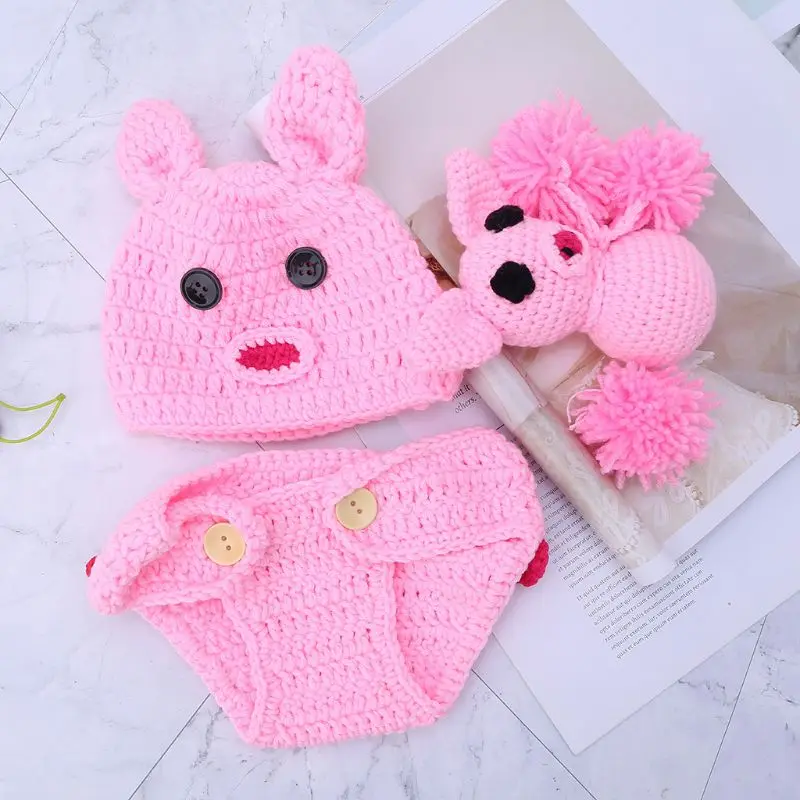 

1 Set Baby Photography Costume Hat + Pants + Toy Knitted Crochet Pig Toys Cap Rabbit Ears Trousers Girls Pink Props Photo