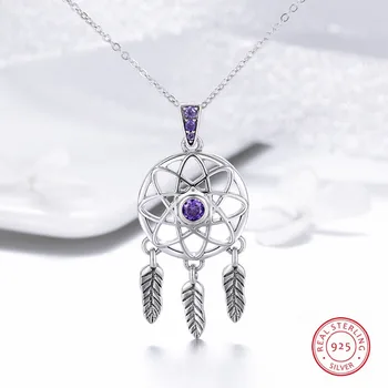 

Hot Selling 925 Sterling Silver Necklace Dream Catcher Purple Stone Pendant Jewelry For Women Link Chain Luxurious Accessories
