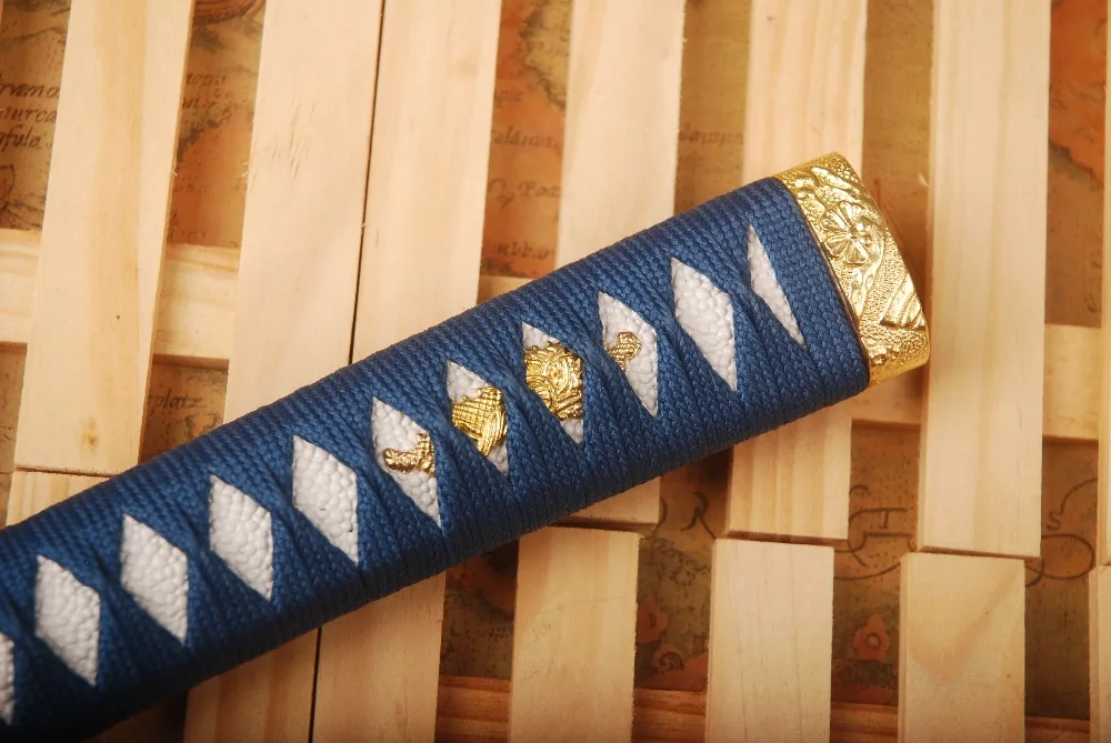 Katana Sword Handle Tsuka With Blue Silk Ito White Rasykin Alloy Fittings