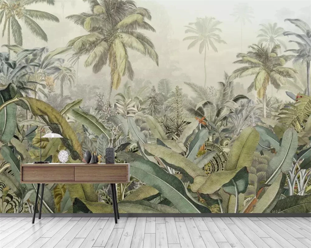 

beibehang Stylish medieval hand-painted tropical rainforest plant banana leaf TV background wall living room mural wallpaper