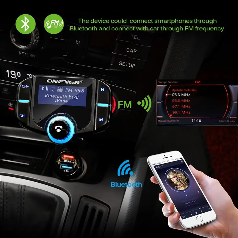 Onever FM передатчик 2 порта QC 3,0 быстрое зарядное устройство Bluetooth Handsfree автомобильный комплект модулятор 1,65 ''экран MP3 плеер Поддержка Siri