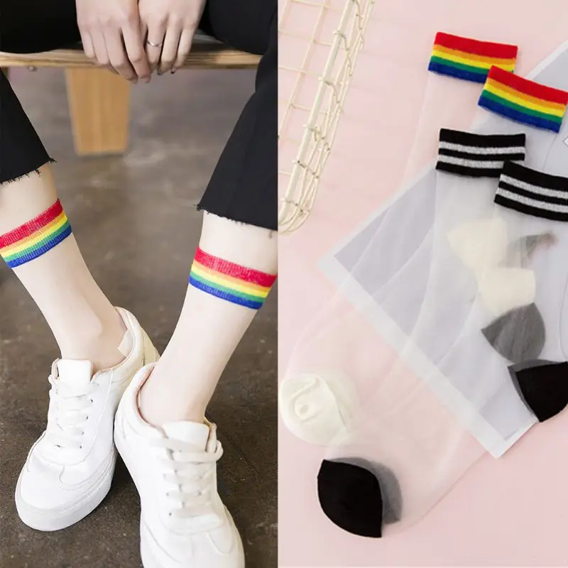 

Japanese Harajuku Women Girls Ankle Socks Hipster Summer Thin Sheer Glass Fiber Splicing Rainbow Striped Short Tube Hosiery