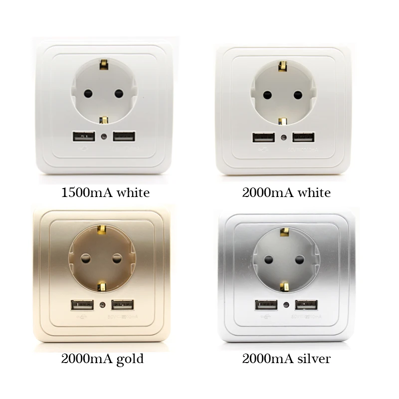

EU Standard 16A 250V Dual USB Port 1500mA/2000mA Wall Charger Adapter EU Plug Usb Socket With Usb Power Outlet Panel