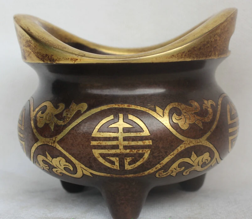 

5" Chinese Purple Bronze 24K Gild 3 Foot Longevity Handle Incense Burner Censer S0705