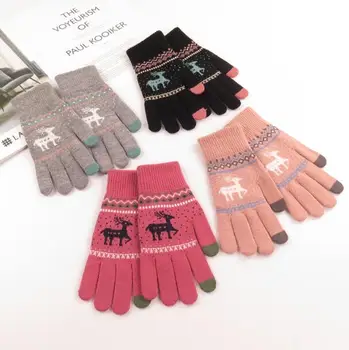 

Autumn and winter women's thicken warm knitted gloves female winter deer print glove driving riding gloves R136
