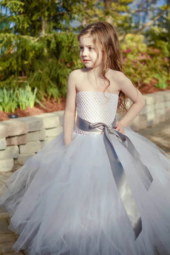 

gray sash white tulle bridesmaid flower baby girl wedding dress fluffy ball gown birthday costume cloth tutu party dresses