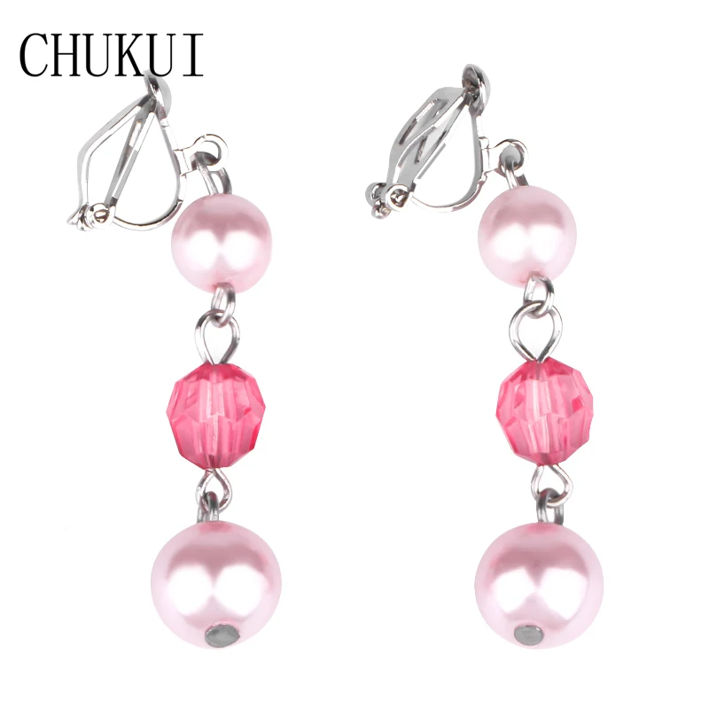 

CHUKUI Bohemian Retro Girls Imitation Pink Pearl Ear Clip Earrings Long Pearl No Hole Jewerly Clip On Earring Clips