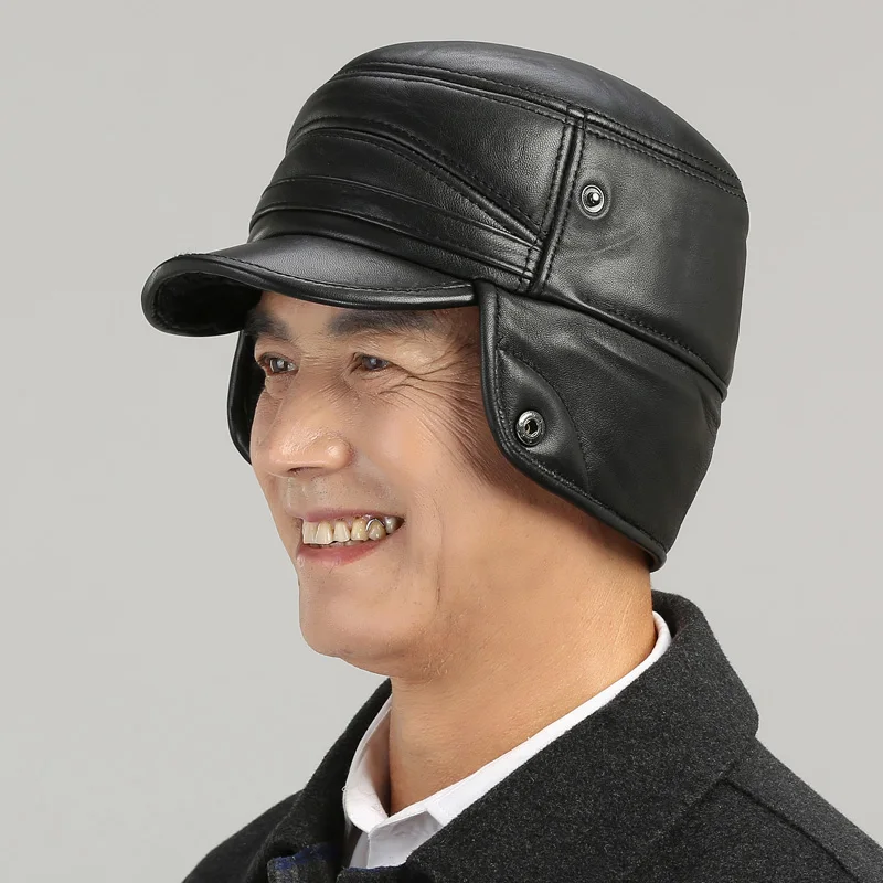 Old Man Hat Old Middle Age Men Winter Sheepskin Ear Protection Cap Dad Grandpa Genuine Leather Visor Hats Warm Scarf H7142