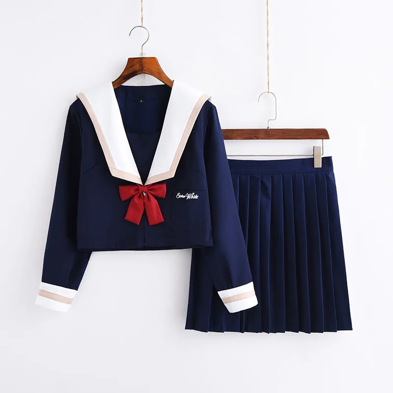 Темно-синяя Популярная Корейская школьная форма Белоснежка с вышивкой, школьная форма для косплея, Студенческая Jk топ+ юбка+ галстук S-XXL - Цвет: Long Sleeve Set