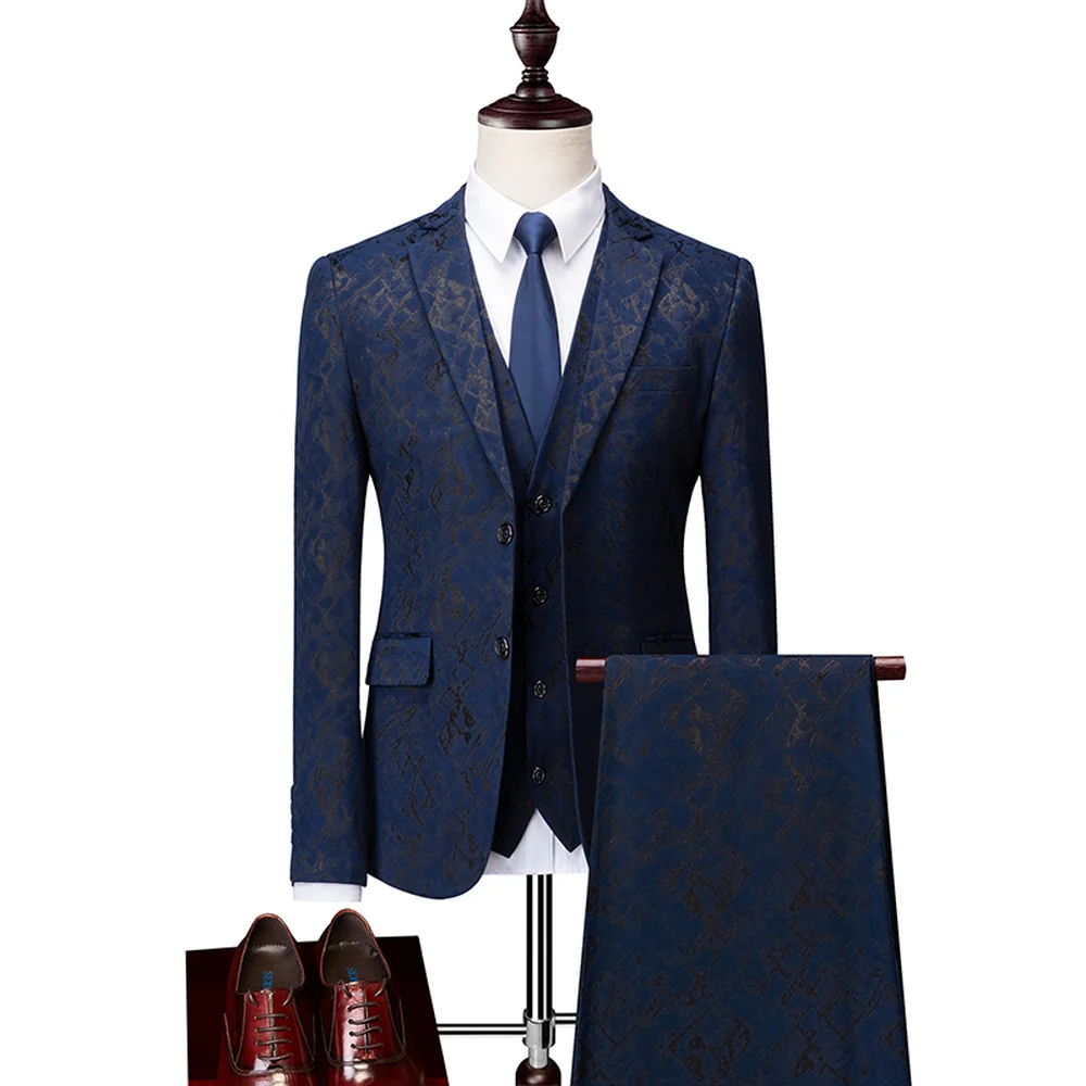

Wonderful Navy Blue Male Prom Wedding Tuxedo Fashion Printed Groom Suit Mens 2 / 3Pcs Set Slim Fit Male Suit (Jacket+Pants+Vest)