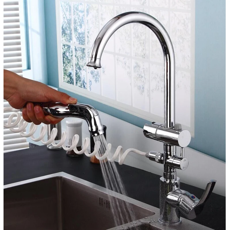 2017 New 360 Degree Swivel Multifunction Kitchen Sink Faucet Pull Out Polished Chrome Basin BrassTap water