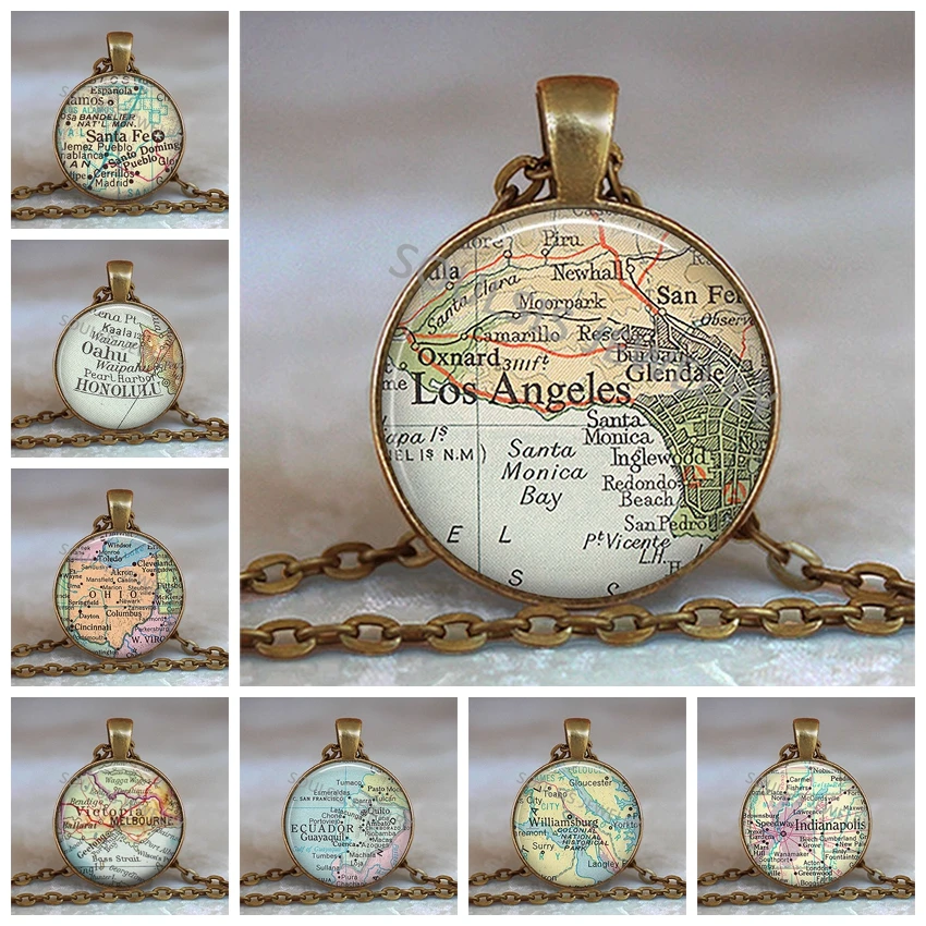 

New Arrived Glass Dome Necklace World Map Pendant Bronze Chain Jewelry Los Angeles Vintage Map Handmade Glass Cabochon Necklace