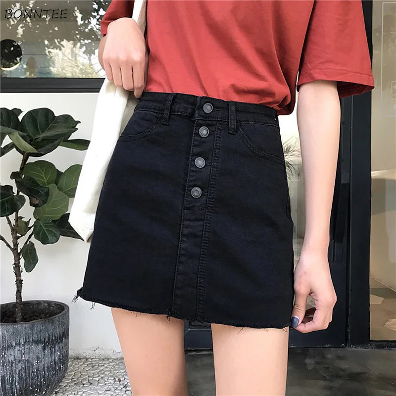 

Skirts Women Single Breasted Black A-Line Slim Trendy Pockets Womens High Quality Female All-match Summer Female Casual Daily