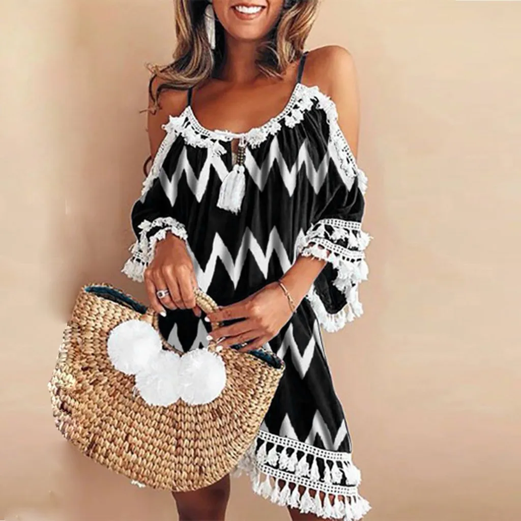 

2019 sexy Dresses Women Bohemia summer beach Printed dress Tassel Off Shoulder Cocktail Party Dresses Robe de dames
