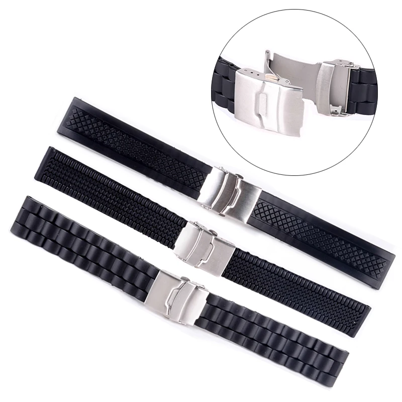 Shellhard 3Styles Sports Watch Band Waterproof Plastic Watch Band 20mm 22mm 24mm Black Watch Strap Deployment Buckle Bracelet