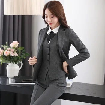 

Novelty Grey Uniform Styles Pantsuits With 3 pieces Jackets + Pants + Vest Coat For Women Business Female Pants Suits Plus Size