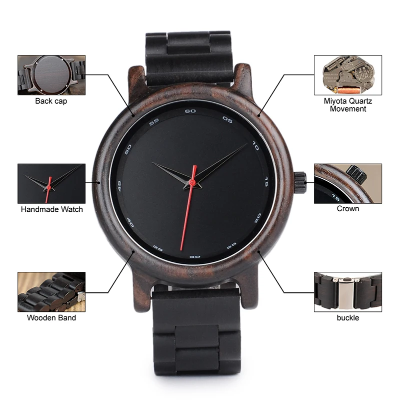 BOBO BIRD V-P10 часы для мужчин натуральный черный деревянный черное дерево кварцевые модные наручные часы с красной секундной стрелкой