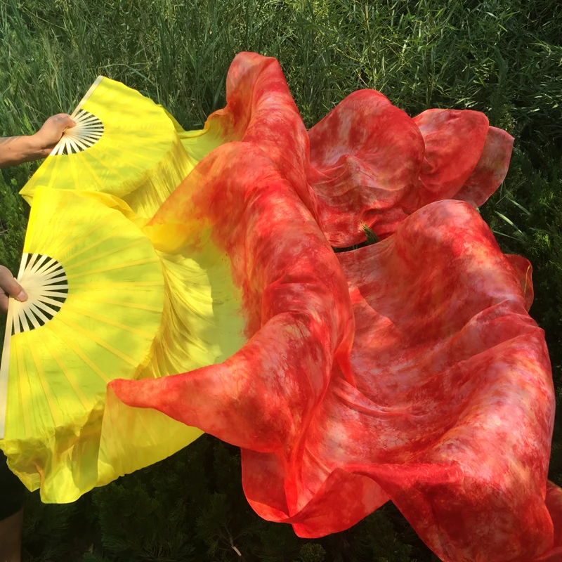 

New Yellow tie-dyed 100% pure real Silk Fan Veils for Belly Dancing Sexy 180cm long silk Fan for dancers or stage Show