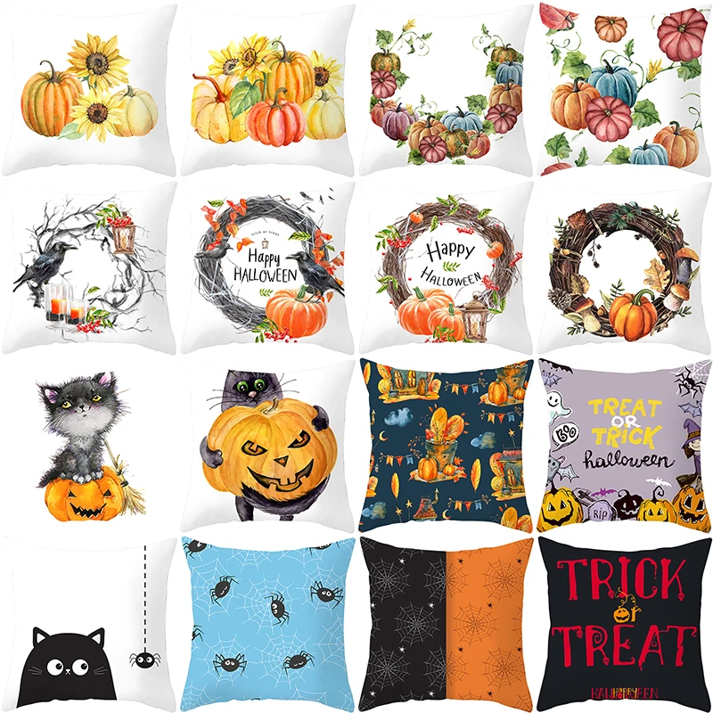 

45cm*45cm Halloween Decor Cushion Cover Yellow Pumpkin Lantern Painting Pillow Cover Soft Peach Skin Sofa Seat Car Pillowcase