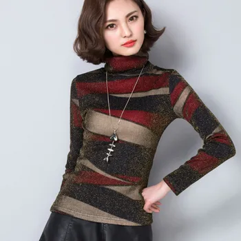 

2020 Autumn Long Sleeve Turtleneck Shiny Mesh Blouses Women Winter Plus Fleece Lining Mesh Tops Lady Shiny Mesh Shirts Pullovers