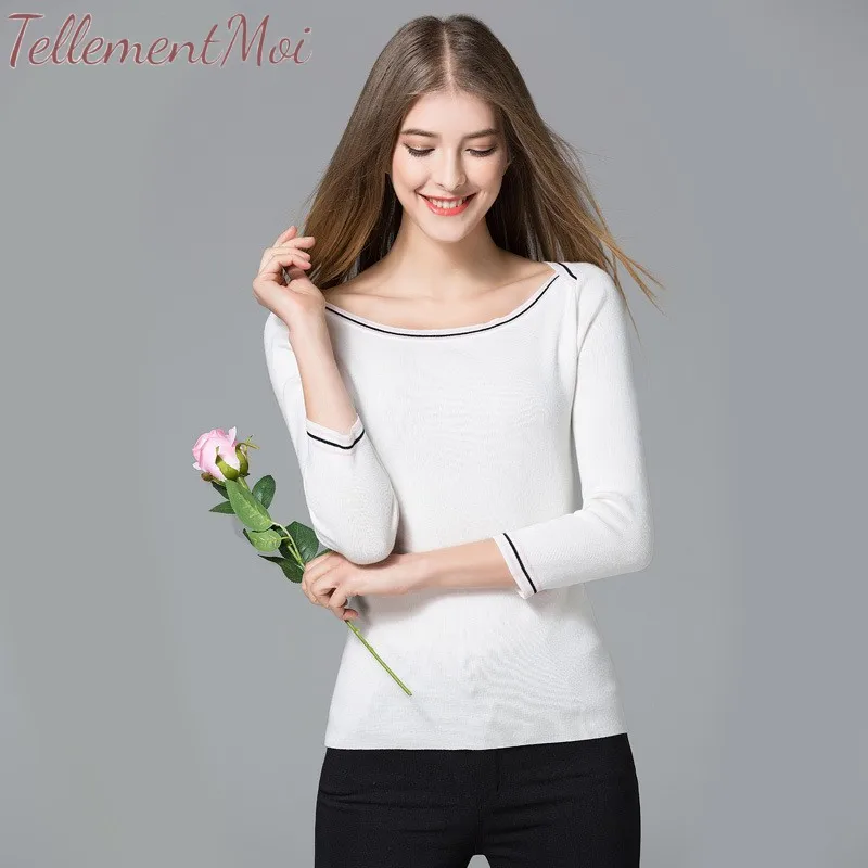 2019 Spring Women Simple Sweater Long Sleeve Stretchy Knitted Pullovers Slash Neck Contrast Jumpers Knit Shirt Clothes Chic Tops 2019 Spring Women Simple Sweater Long Sleeve Stretchy Knitted Pullovers Slash Neck Contrast Jumpers Knit Shirt Clothes Chic Tops